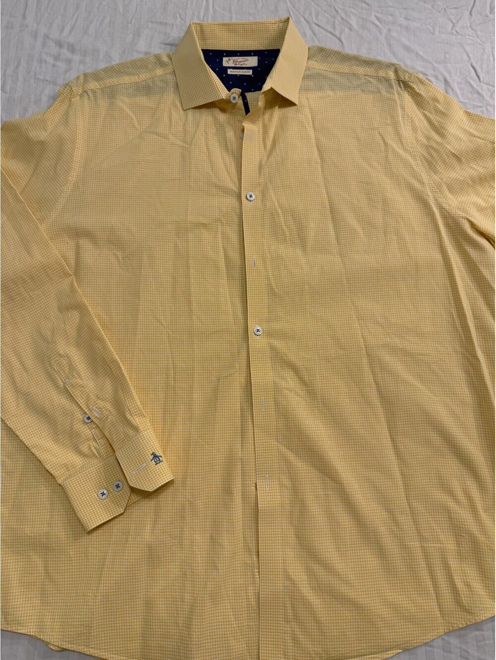 Original Penguin Heritage Slim Fit Shirt Men's XL 17.5 Yellow Gingham Button Up